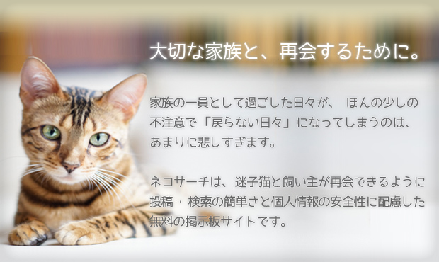 家族の一員として過ごした日々が、少しの不注意で「戻らない日々」になってしまうのは、悲しすぎます。ネコサーチは、迷子の猫と飼い主が無事に再会できるように、だれでも投稿・検索ができる簡単さと、個人情報の安全性に配慮をした、無料の掲示板サイトです。